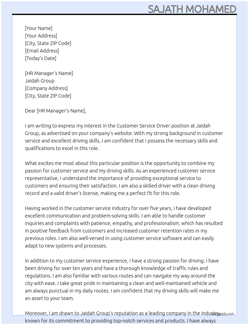 Customer Service Driver  At jaidah group Cover Letter