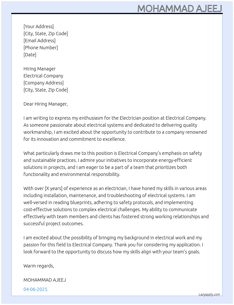Electrician At Electrical Company Cover Letter