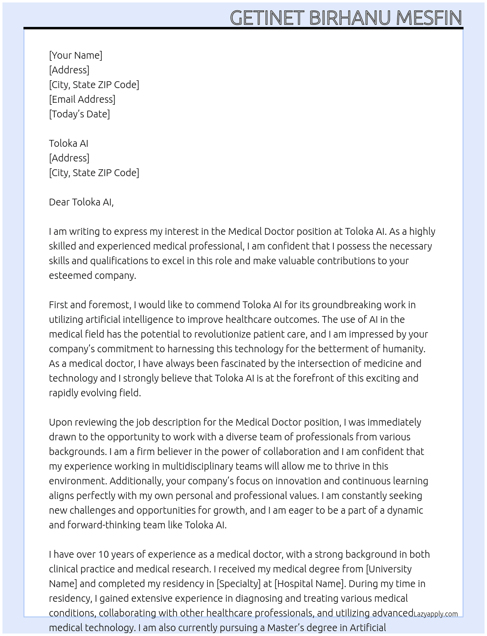 Medical Doctor  At Toloka AI Cover Letter