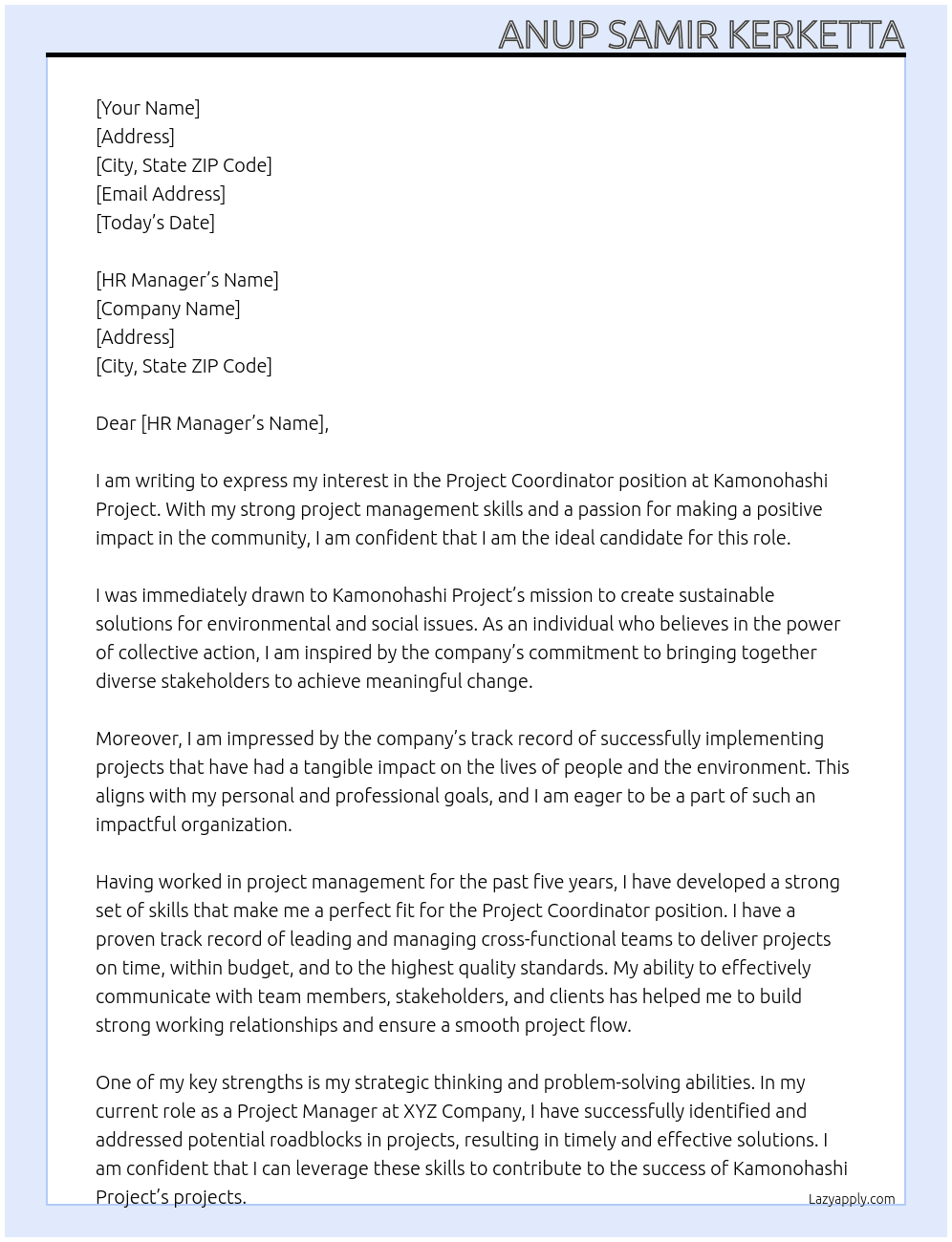 Project Coordinator  At Kamonohashi Project Cover Letter
