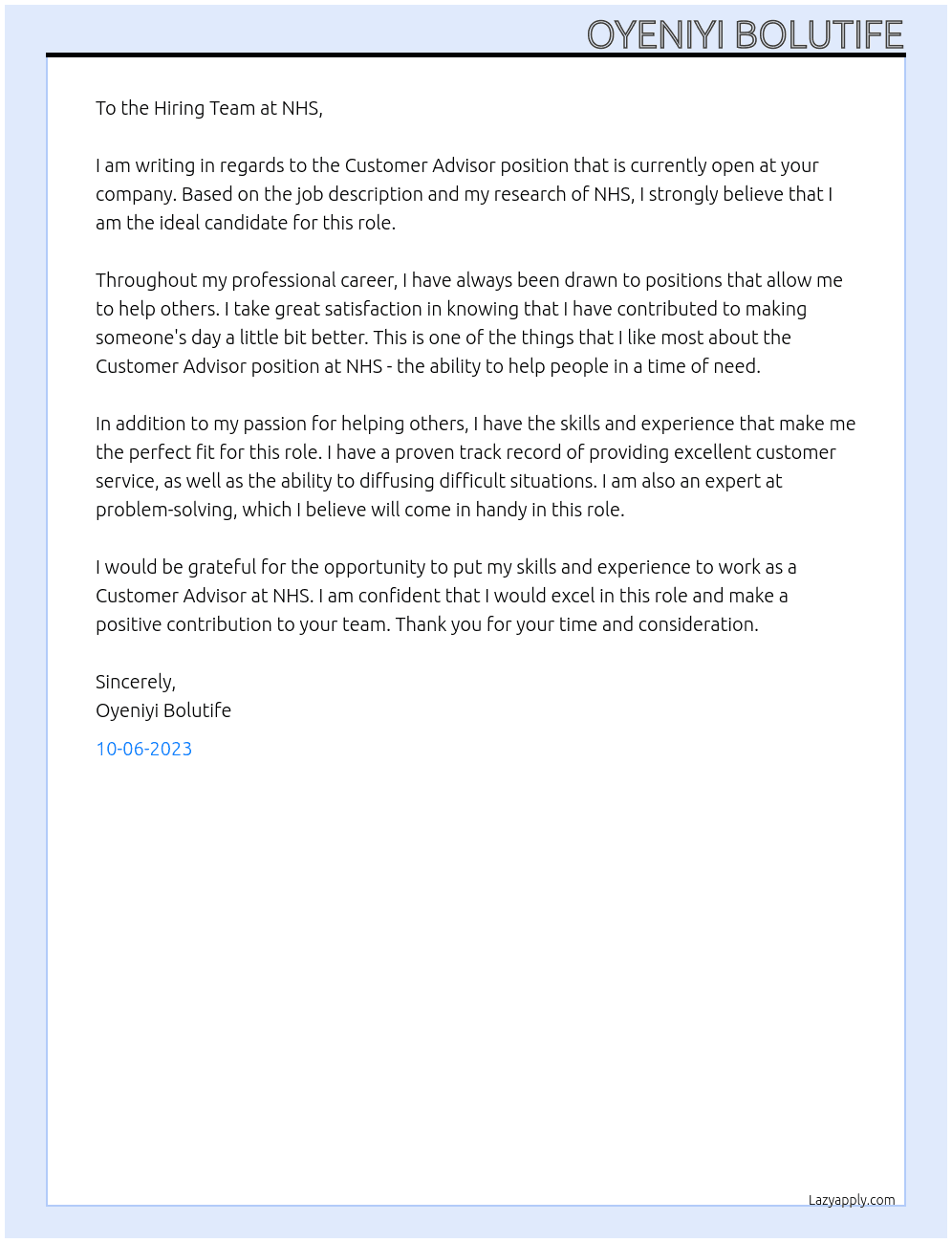 customer advisor At NHS Cover Letter