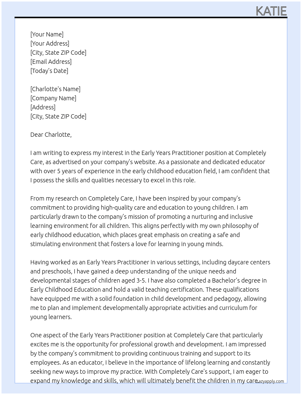 Early Years Practitioner At Completely Care Cover Letter