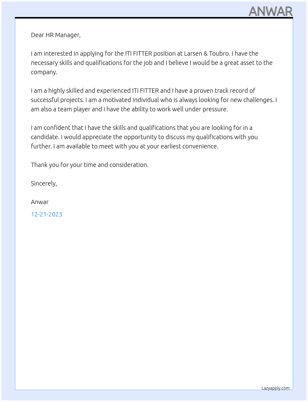 ITI FITTER  At Larsen & Toubro Cover Letter