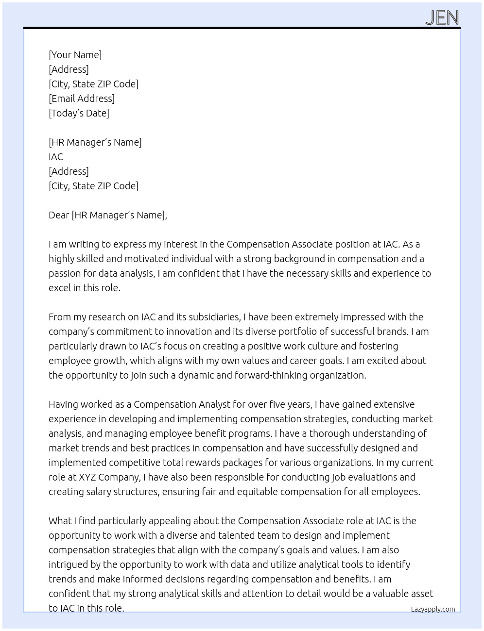 compnsation associate At IAC Cover Letter