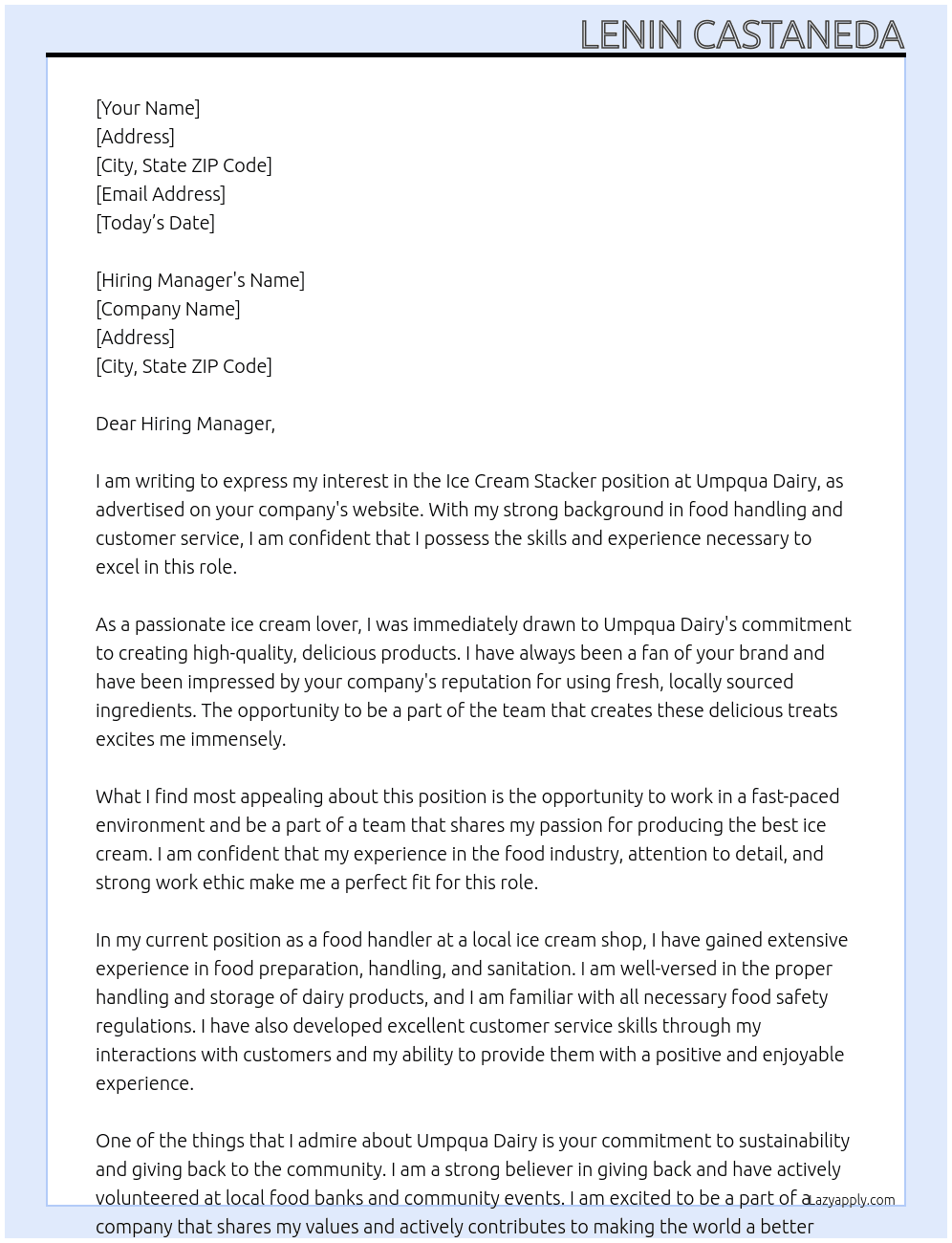 Ice Cream Stacker At Umpqua Dairy Cover Letter