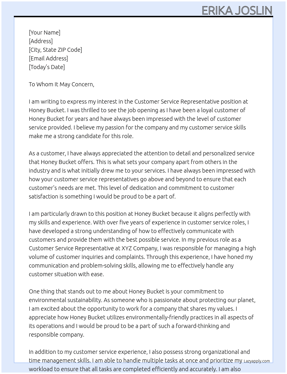 Customer Service Representative  At Honey Bucket Cover Letter