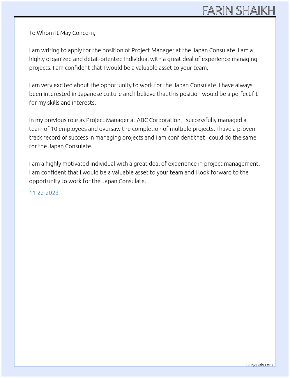 PROJECT MANAGER At JAPAN VISA Cover Letter