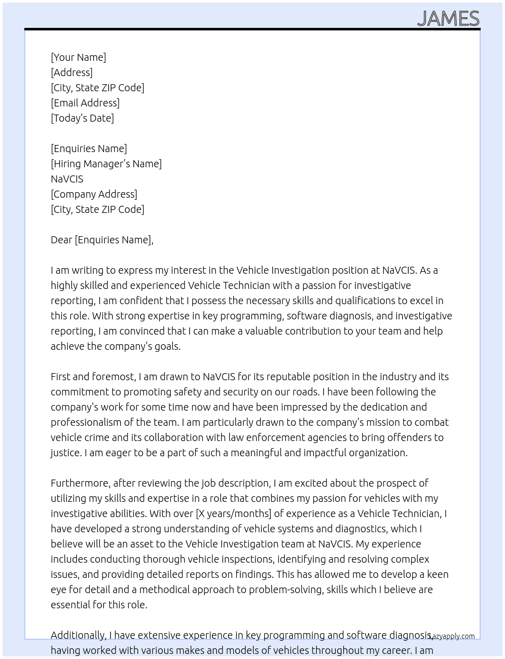 Vehicle investigation  At NaVCIS Cover Letter