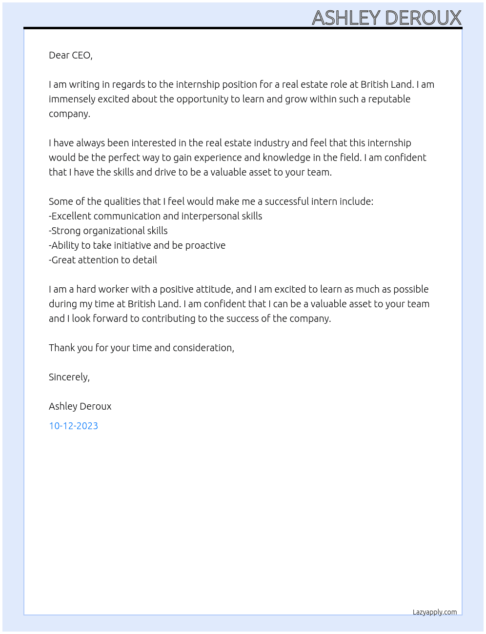 REAL ESTATE  At BRITISH LAND Cover Letter
