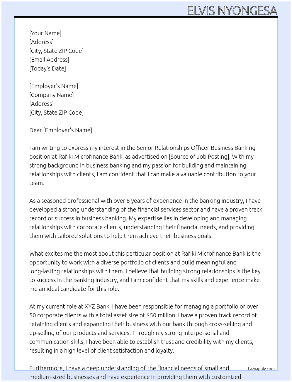 SENIOR RELATIONSHIPS OFFICER BUSINESS BANKING At RAFIKI MICROFINANCE BANK Cover Letter