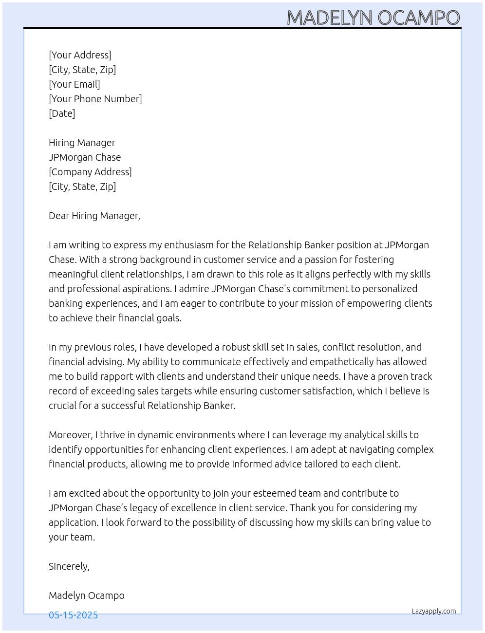 Relationship Banker At JPMorgan Chase Cover Letter
