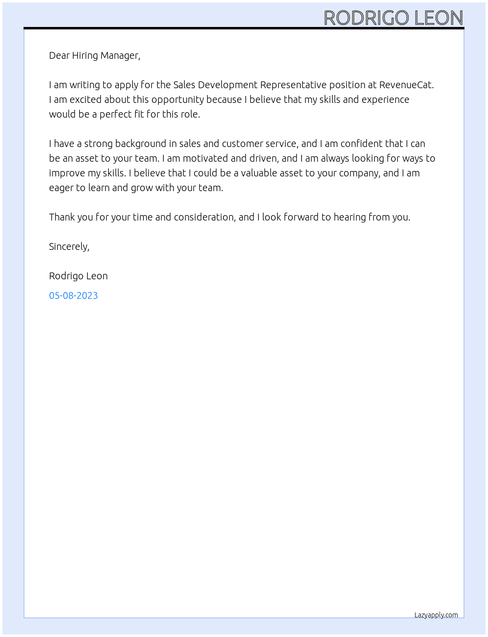 Sales Development Representative At RevenueCat Cover Letter