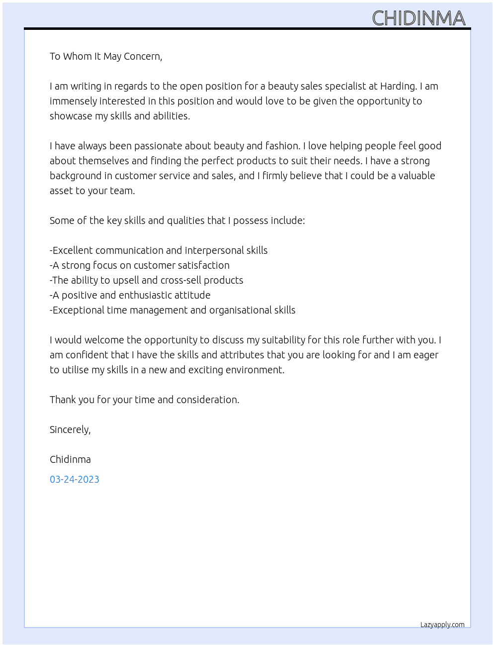 Beauty sales specialist  At Harding  Cover Letter