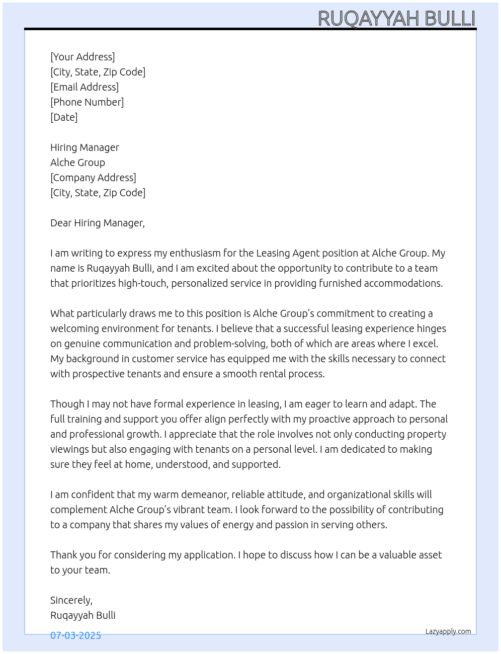 Leasing Agent At Alche Group Cover Letter