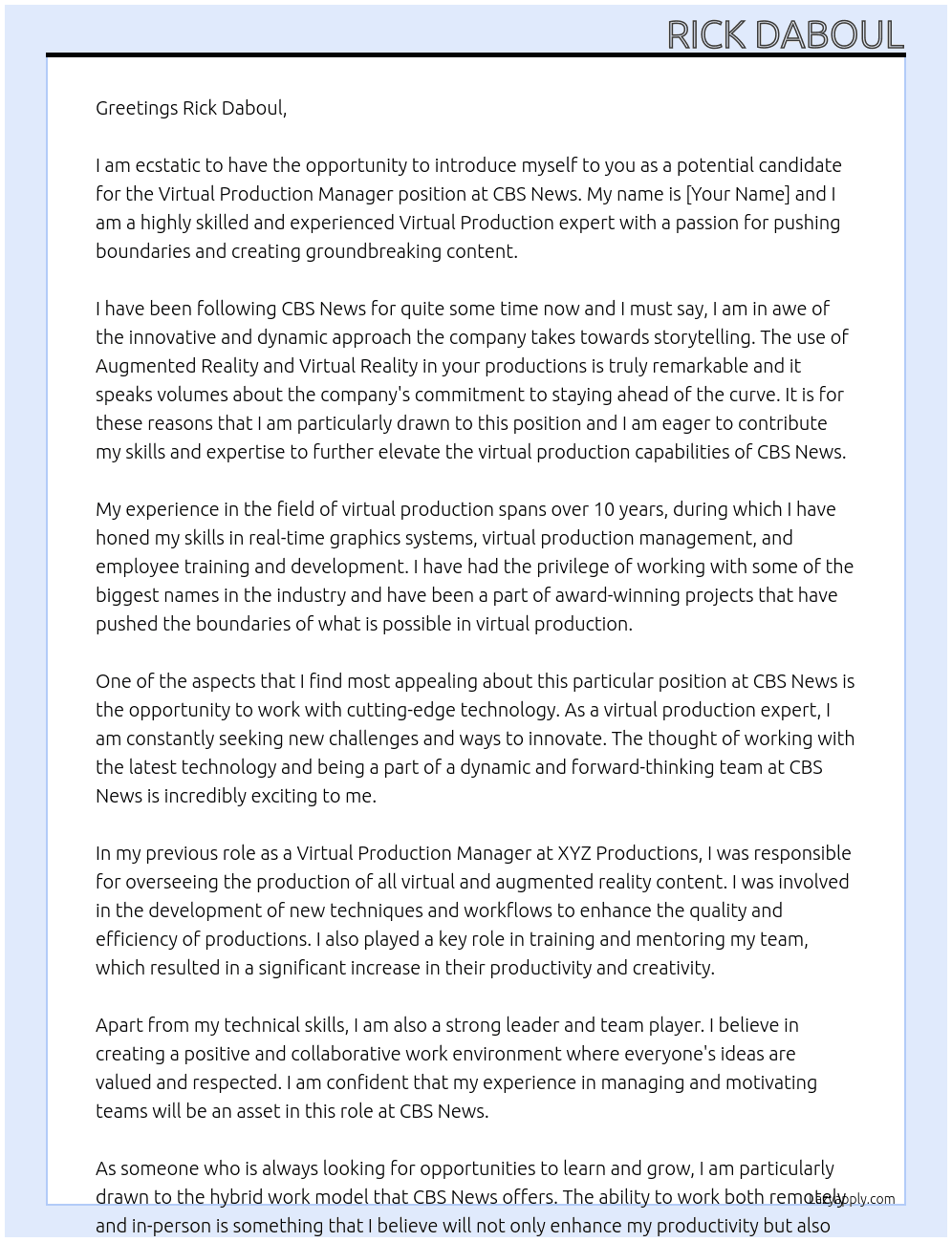 Virtual Production Manager At CBS News Cover Letter