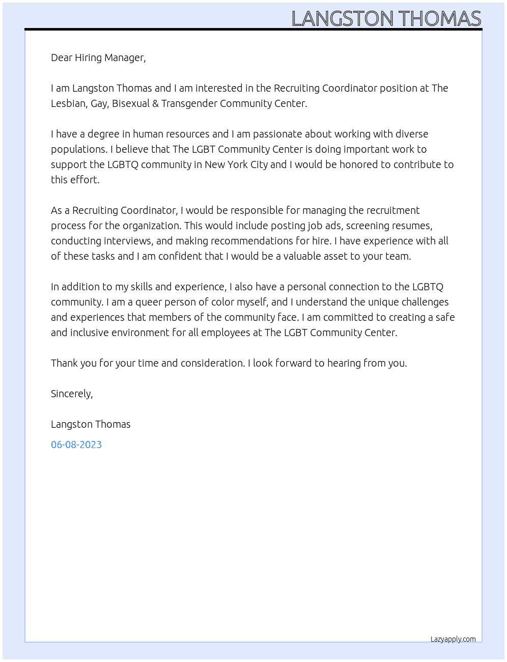 Recruiting Coordinator At The Lesbian, Gay, Bisexual & Transgender Community Center | New York, NY  Apply Cover Letter