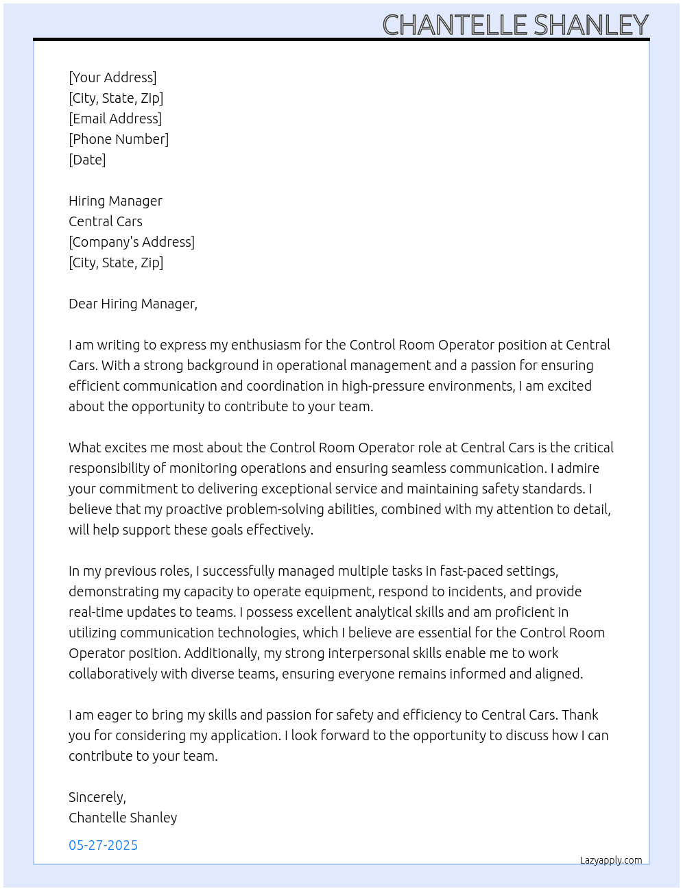 Control Room Operator At Central Cars Cover Letter