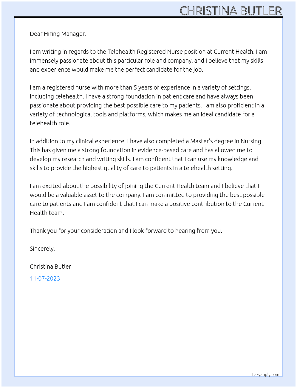 Telehealth Registered Nurse  At Current Health  Cover Letter