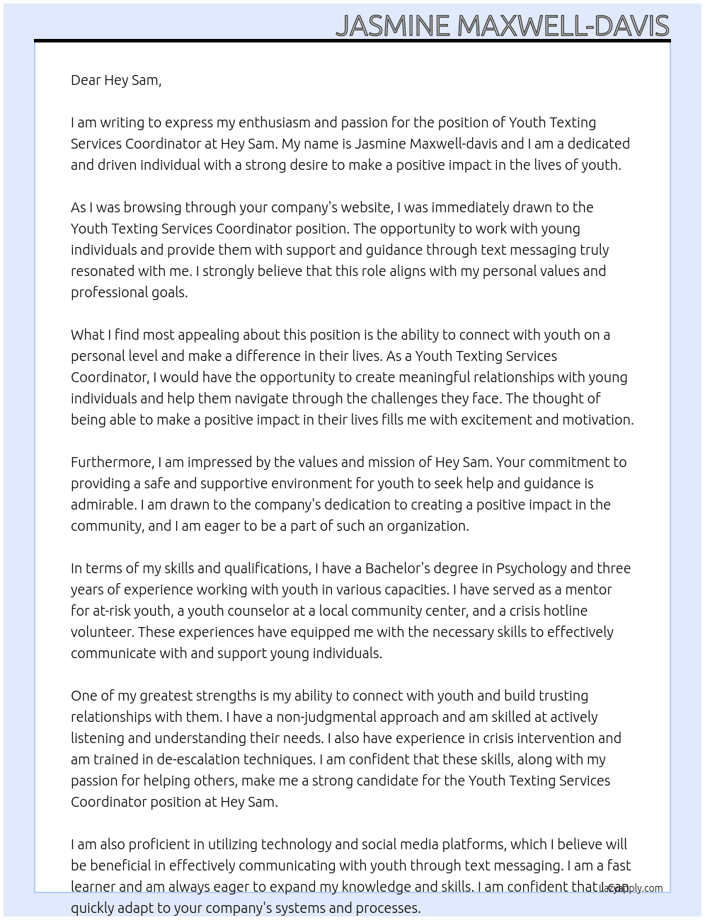 Youth texting services coordinator  At Hey Sam Cover Letter