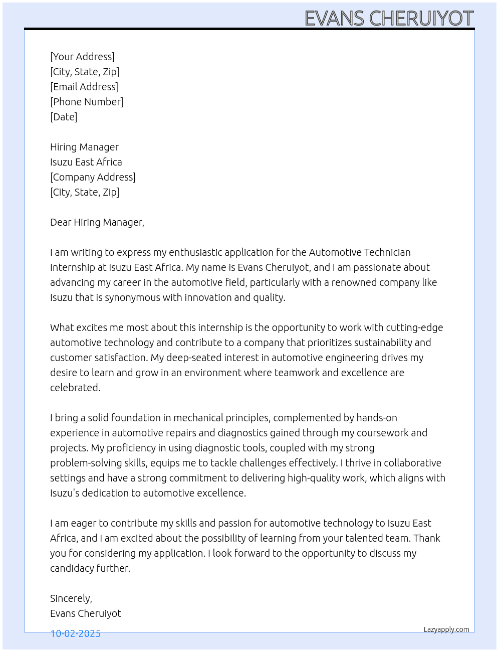 Automotive technician internship At Isuzu east Africa Cover Letter