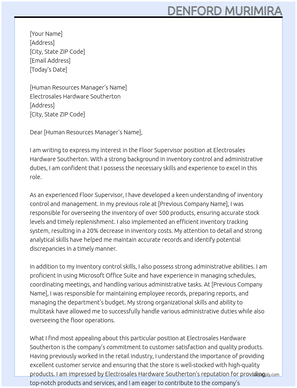Floor Supervisor  At Electrosales Hardware Southerton Cover Letter