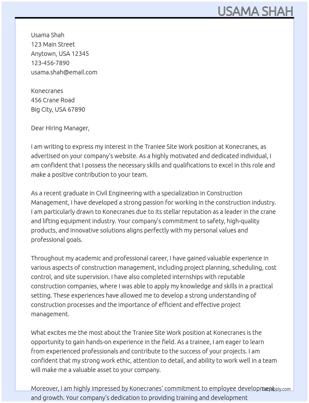 Traniee site work At Konecranes Cover Letter