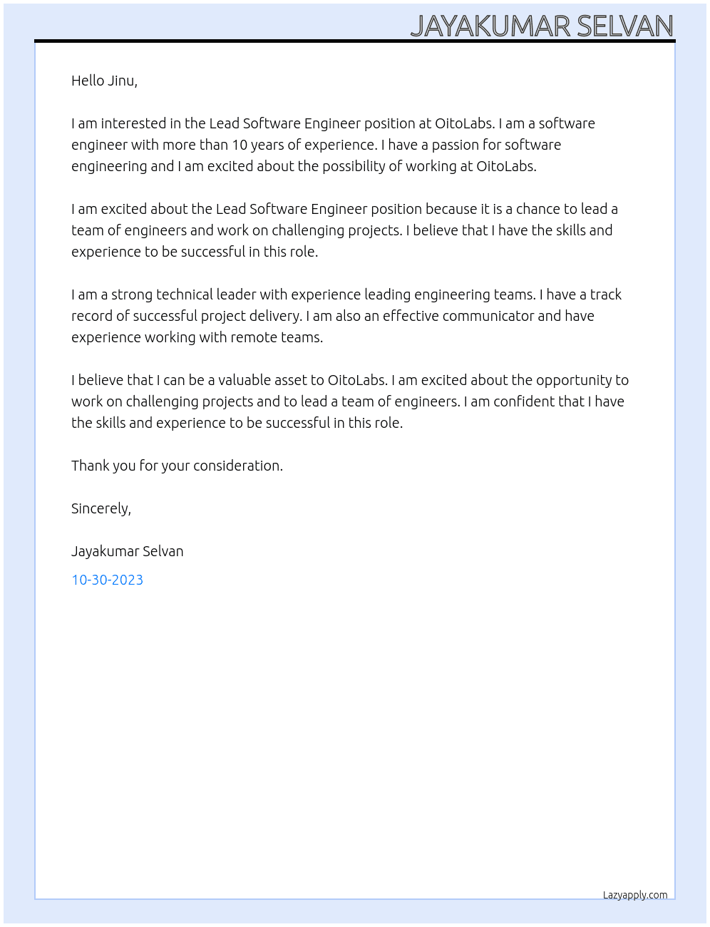 Lead Software Engineer At OitoLabs Cover Letter