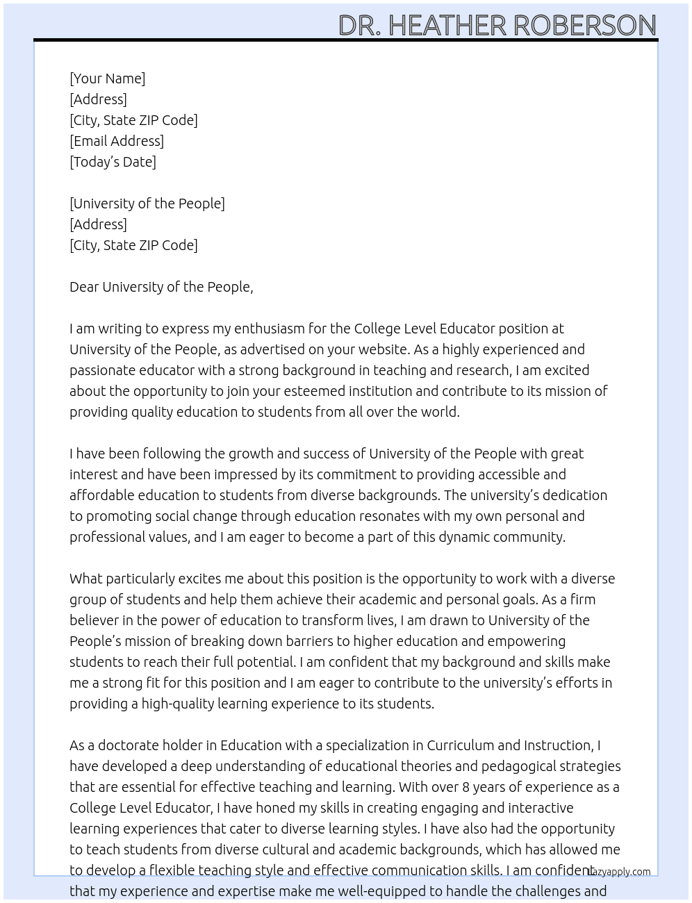 College Level Educator At University of the People Cover Letter