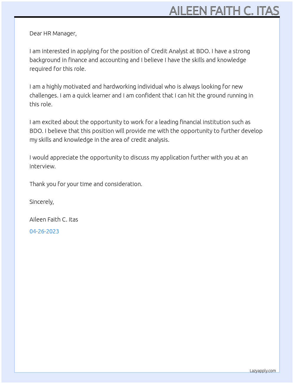 Credit Analyst At BDO Cover Letter