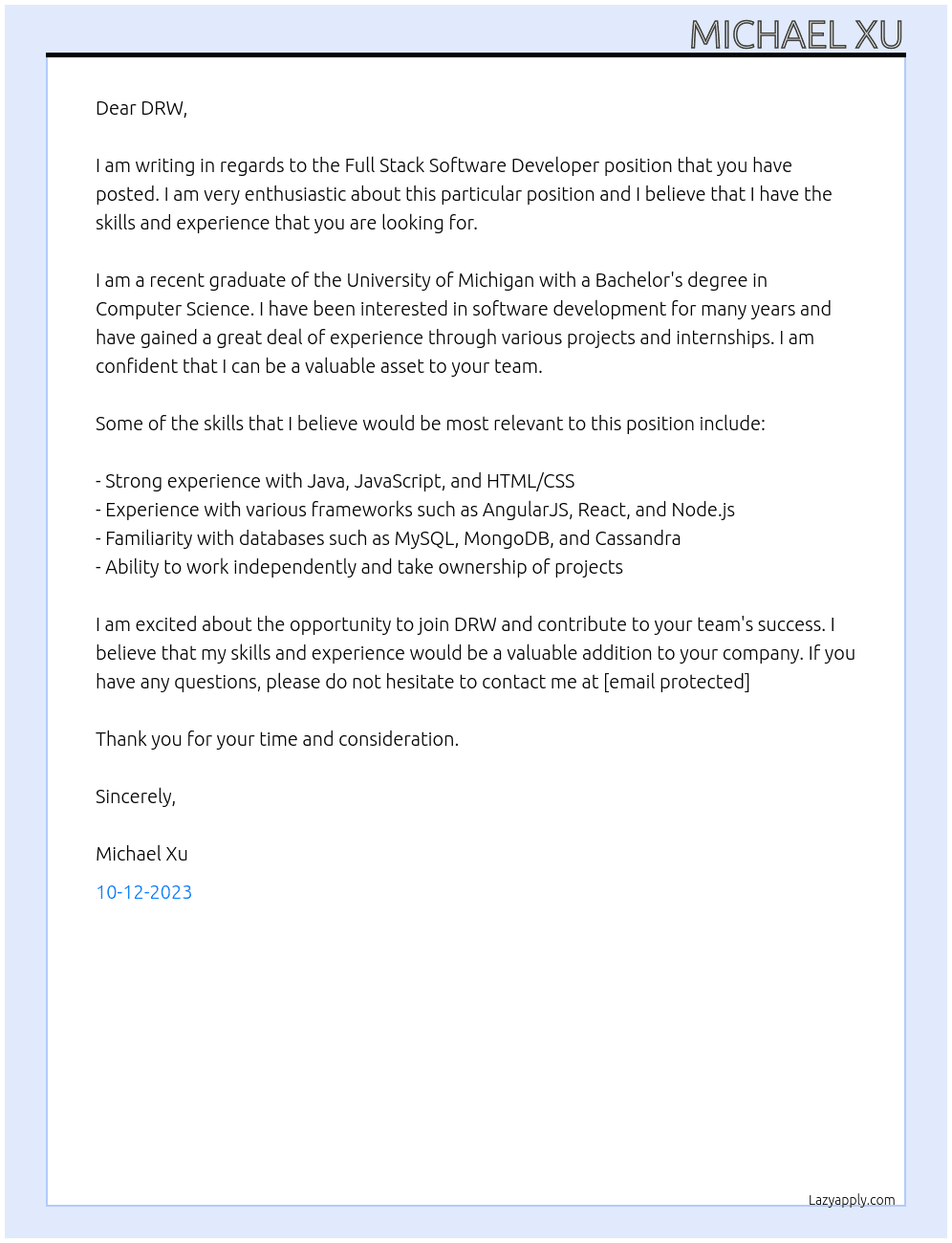 Full Stack Software Developer At DRW Cover Letter