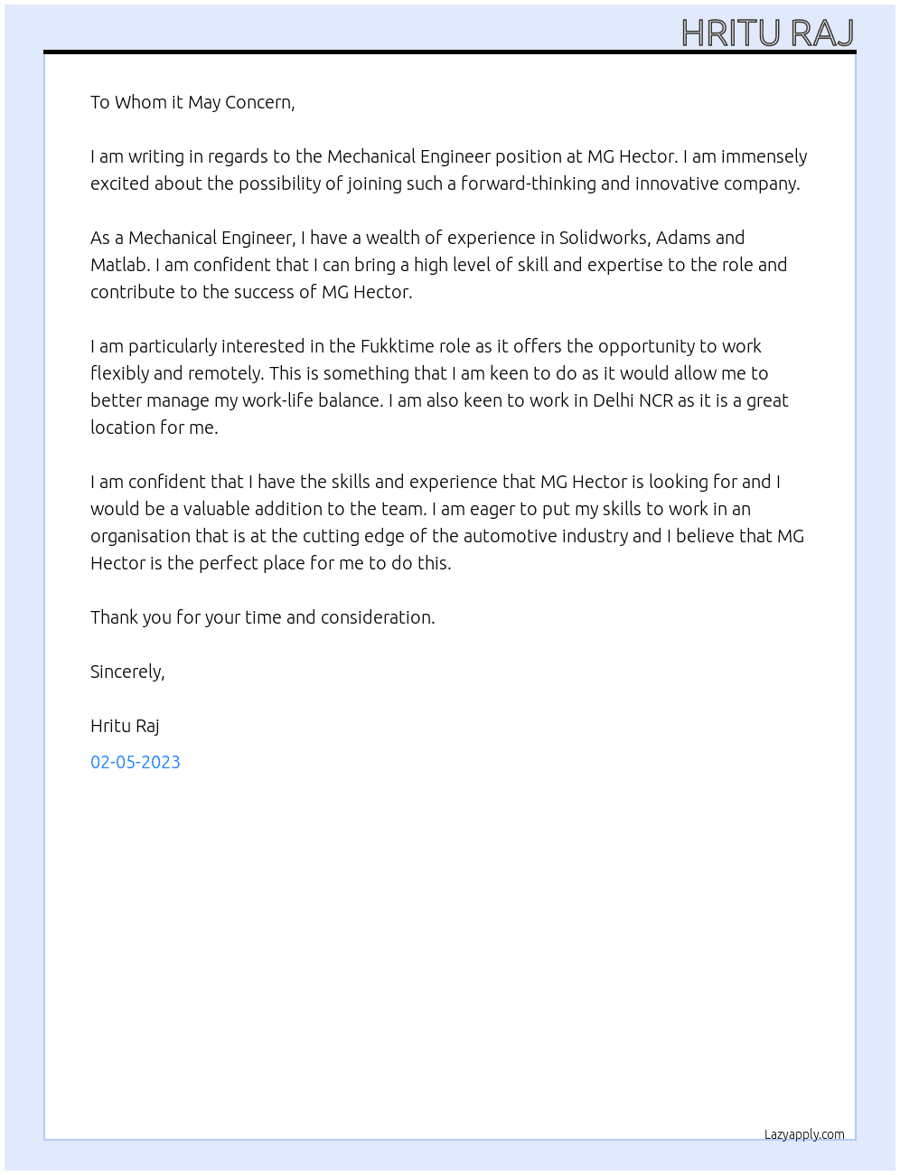 Mechanical Engineer At MG Hector Cover Letter