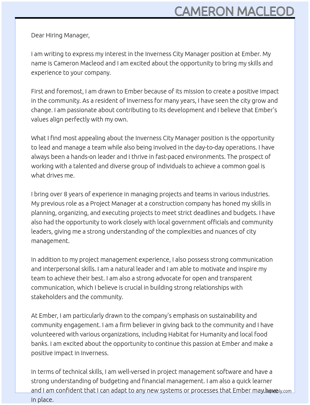 Inverness City Manager  At Ember Cover Letter