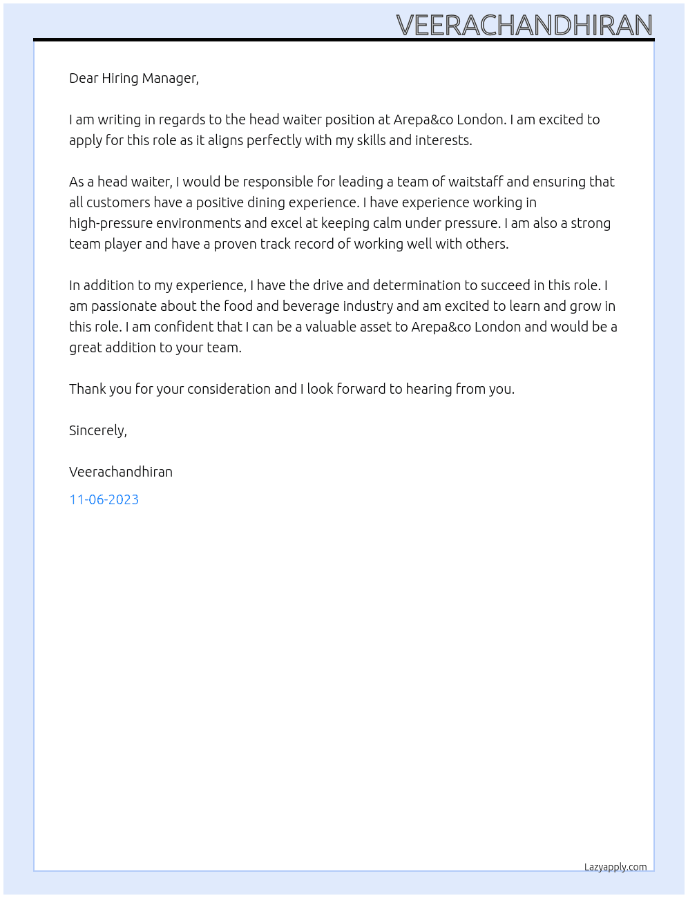 Head waiter  At Arepa&co london Cover Letter