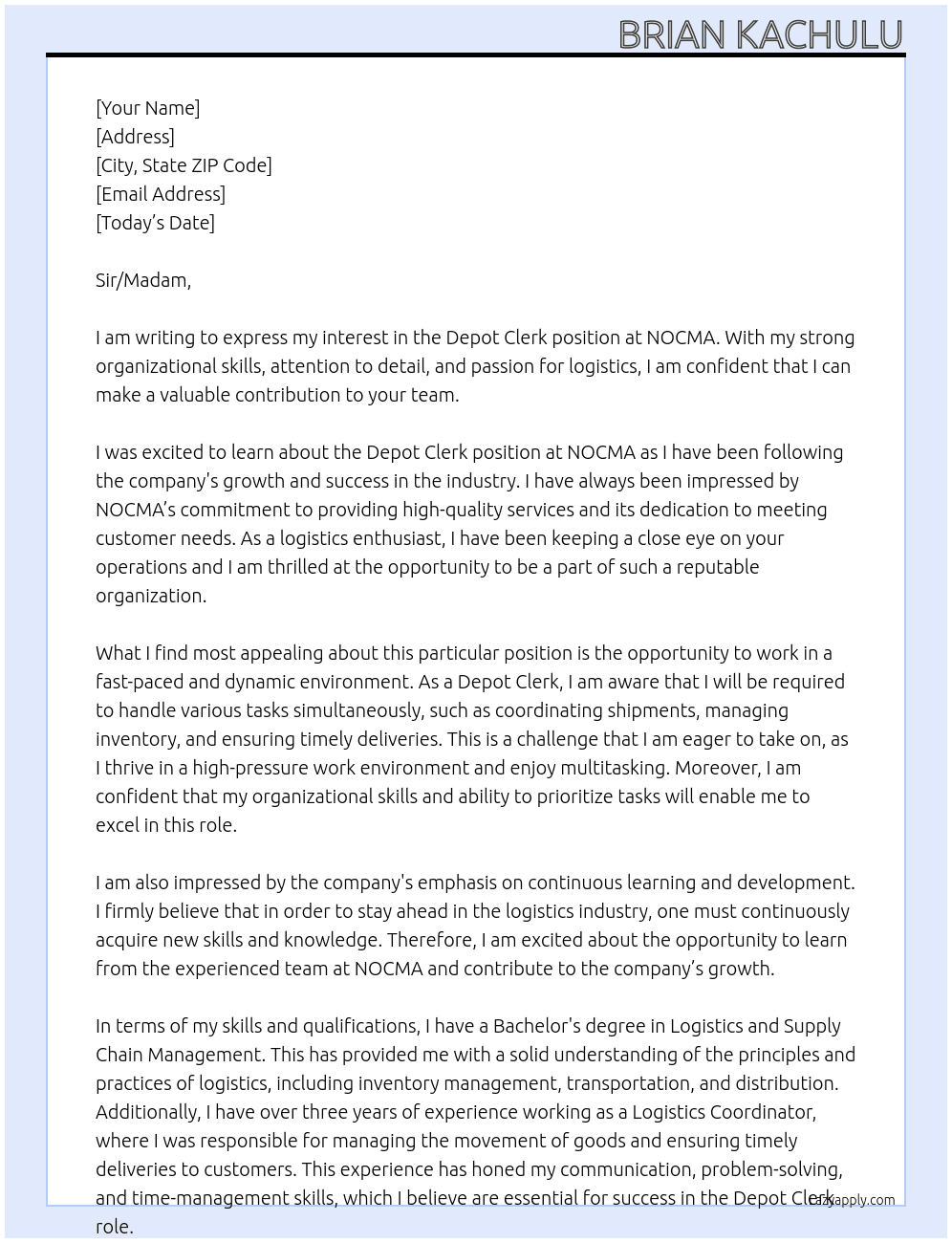 Depot clerk  At NOCMA Cover Letter