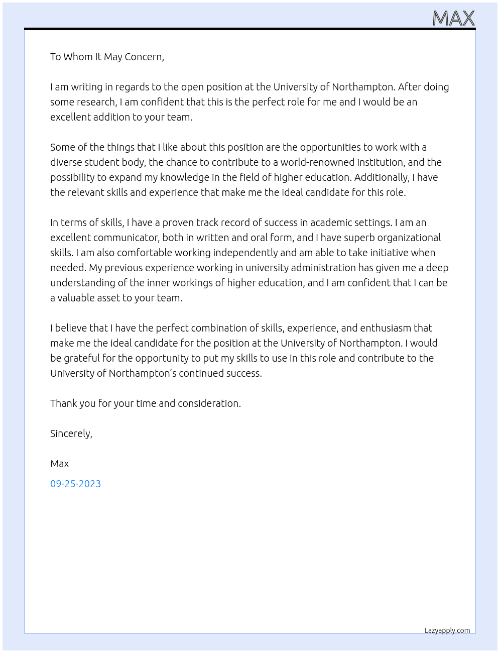 university application At University of Northamton Cover Letter