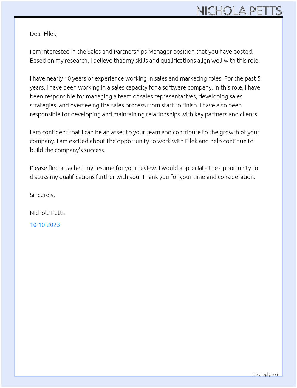 sales and partnerships manager At Fllek Cover Letter