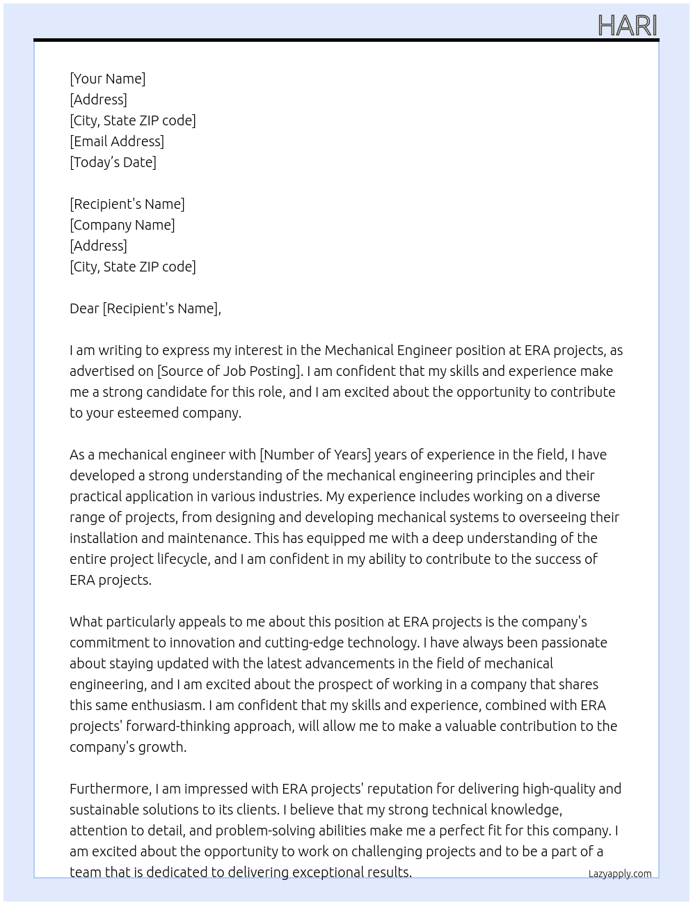Mechanical engineer At ERA projects Cover Letter