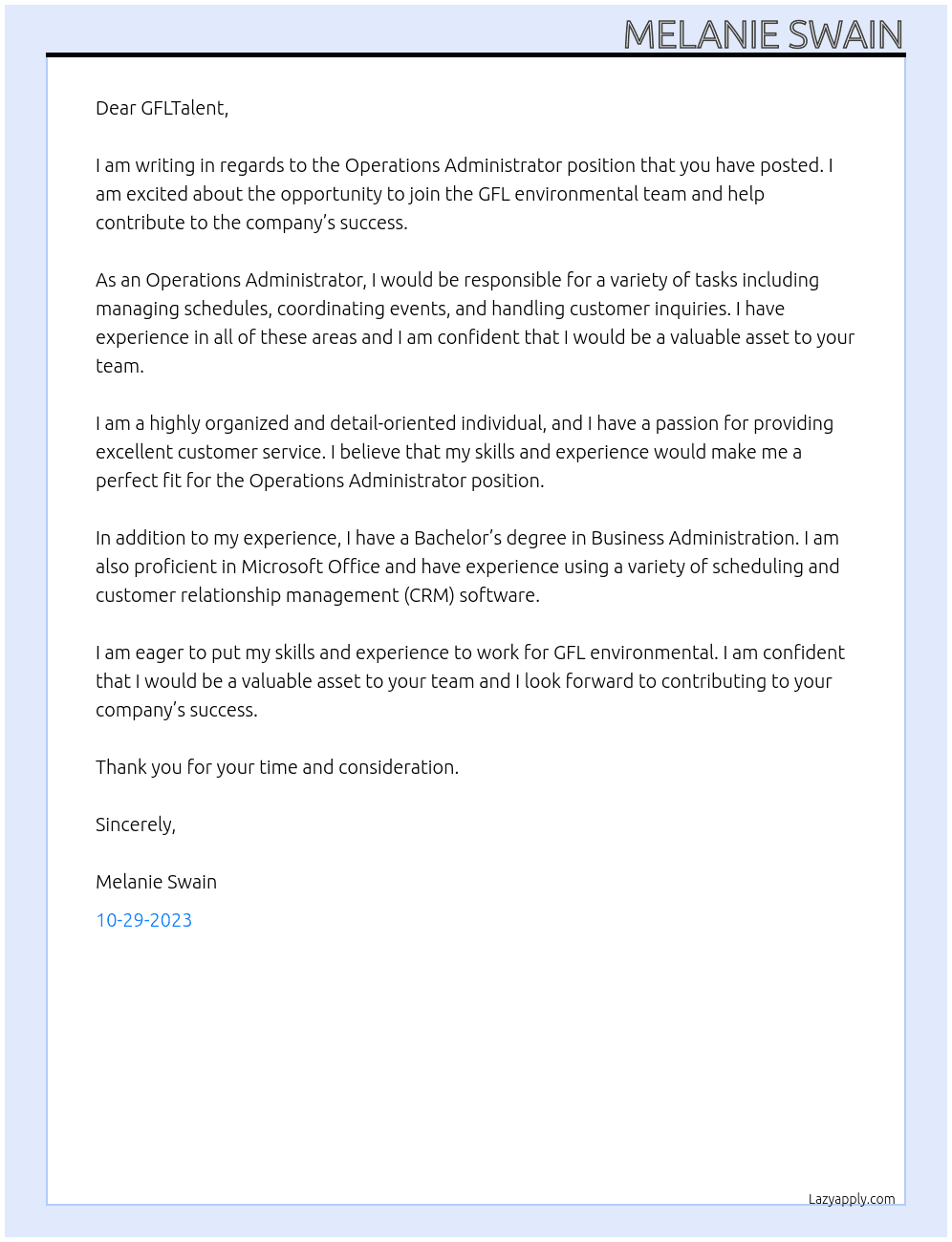 Operations Administrator At GFL environmental Cover Letter