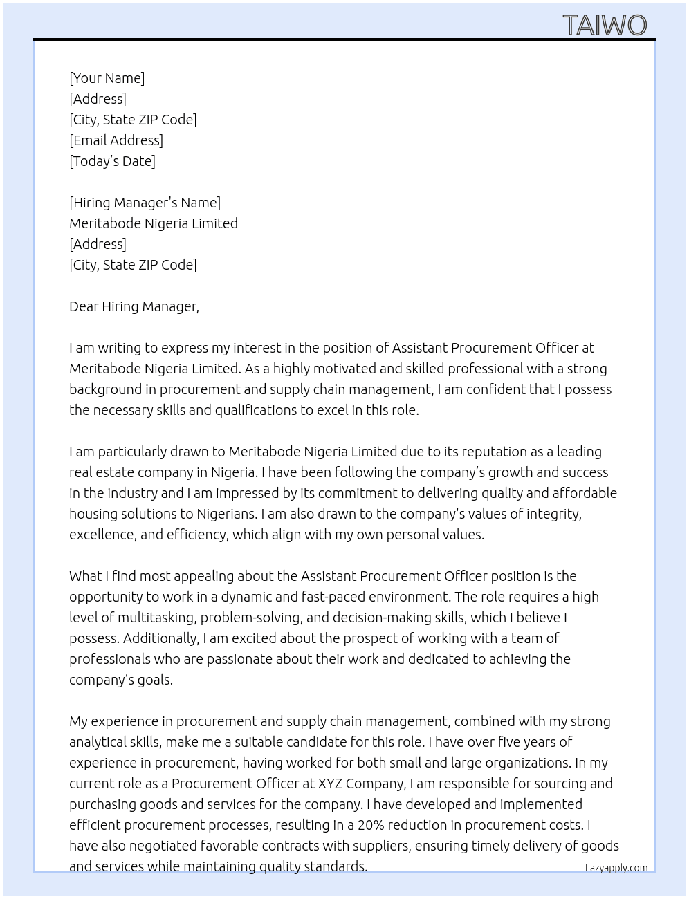 Assistant procurement officer  At Meritabode Nigeria Limited  Cover Letter