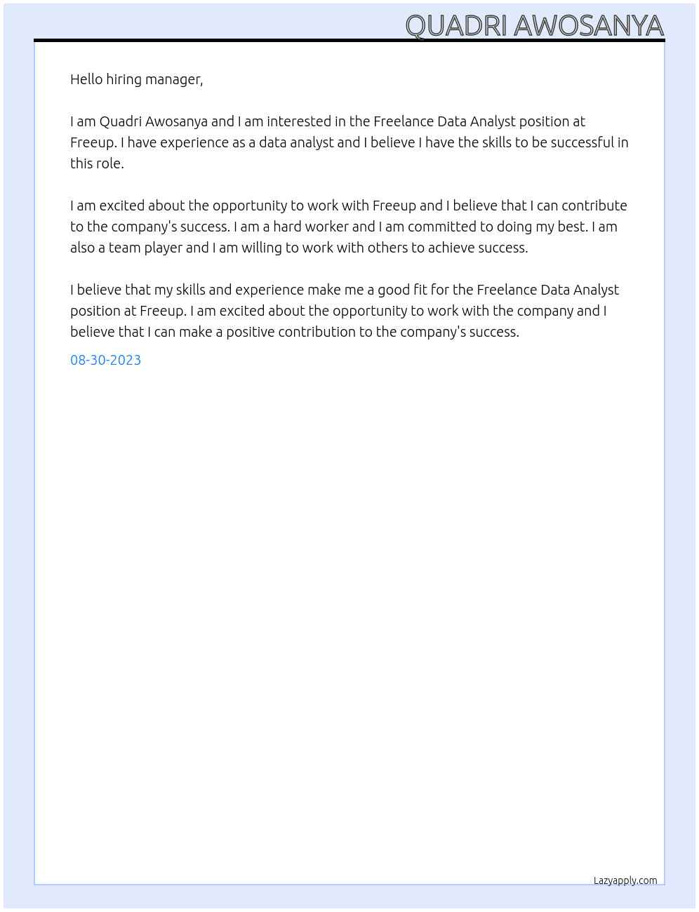 Freelance Data Analyst At Freeup Cover Letter