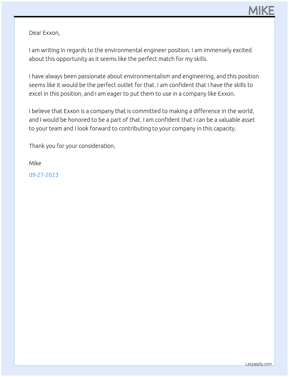 environmental engineer At exxon Cover Letter