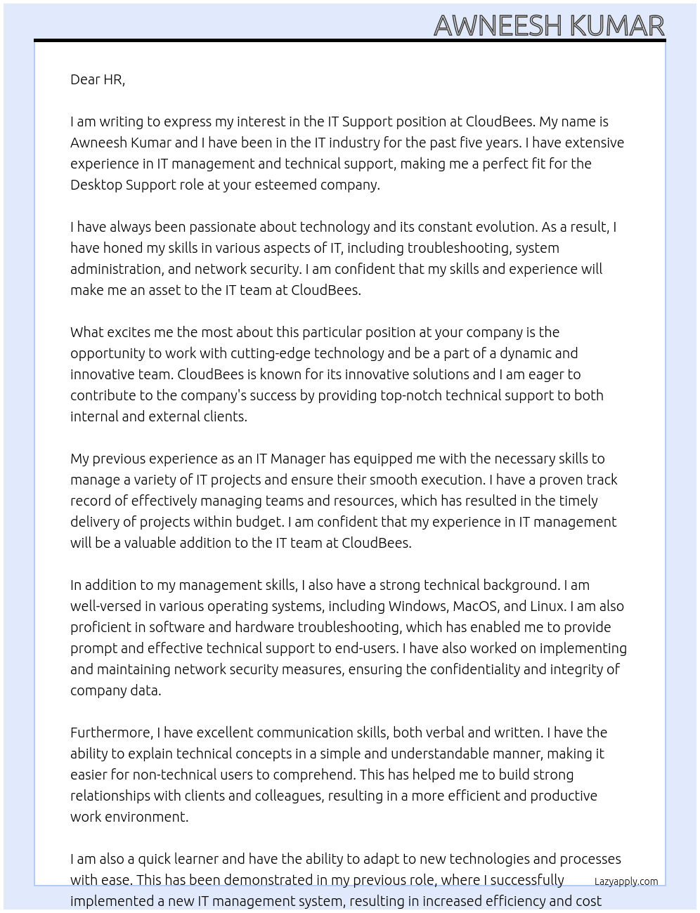 IT Support At CloudBees Cover Letter