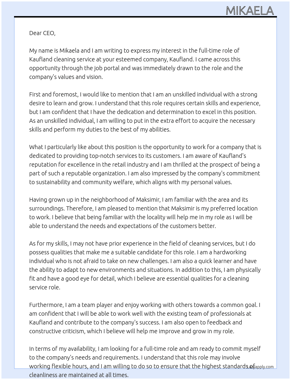 Kaufland cleaning service  At Kaufland  Cover Letter