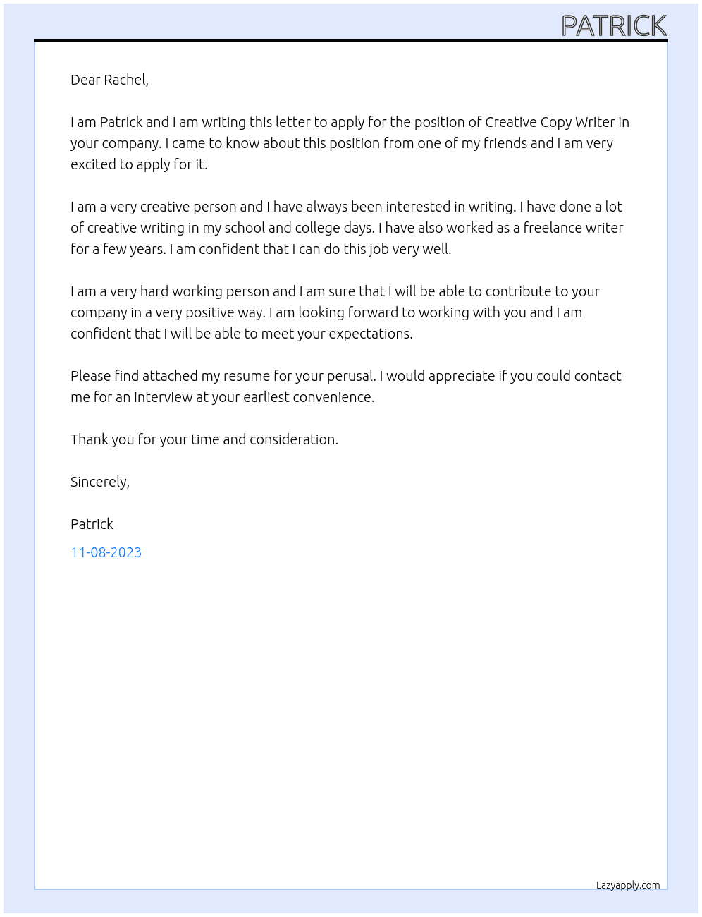 Creative Copy Writer At Rachel Cover Letter
