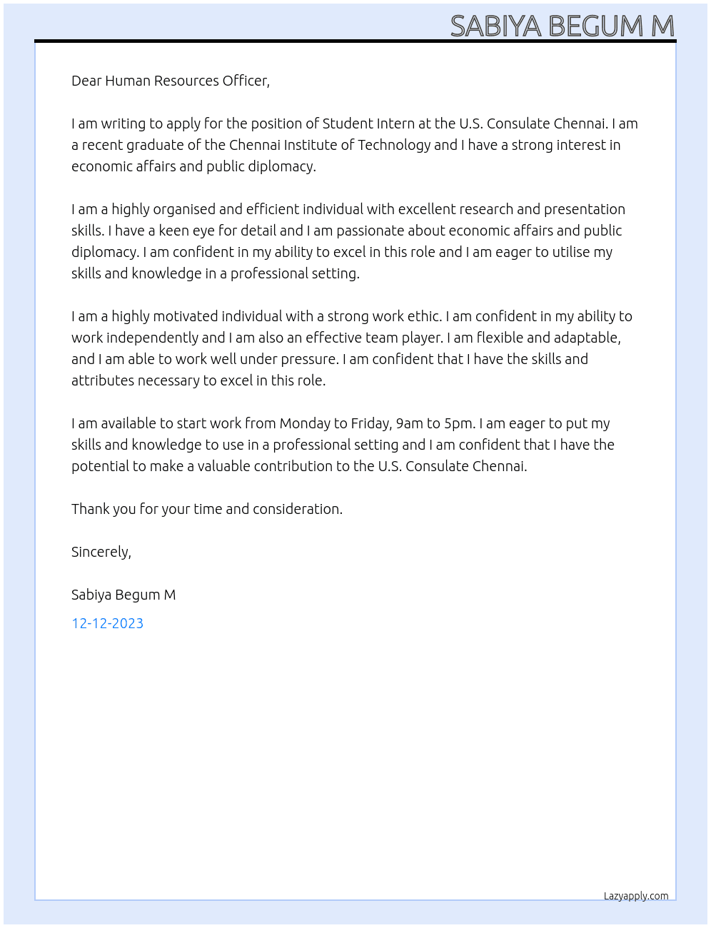 Student Intern At U.S.Consulate Chennai Cover Letter