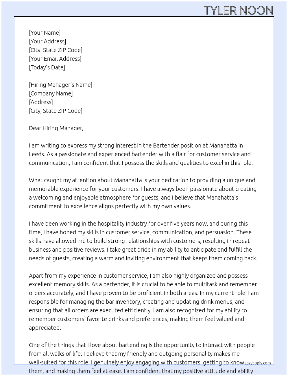 Bartender At Manahatta Cover Letter