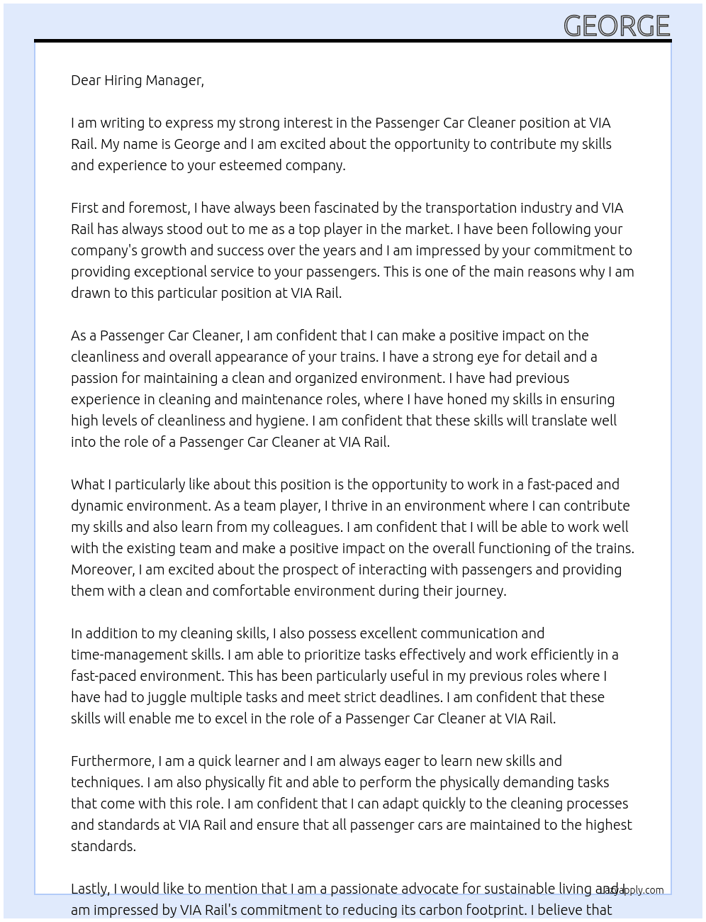 Passenger Car Cleaner At VIA Rail  Cover Letter