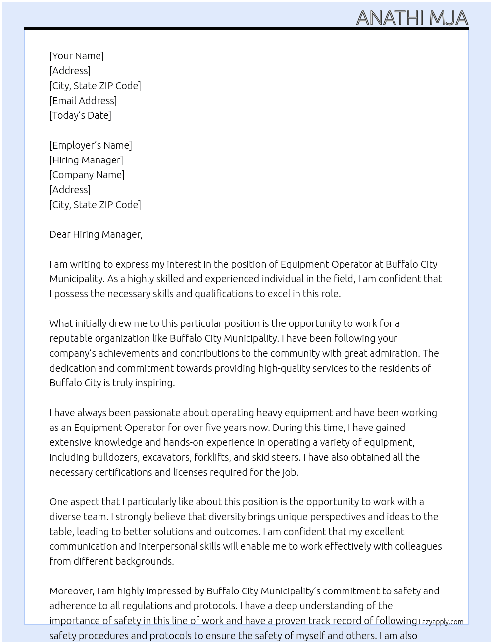 Equipment operatorr At Buffalo City Municipality Cover Letter