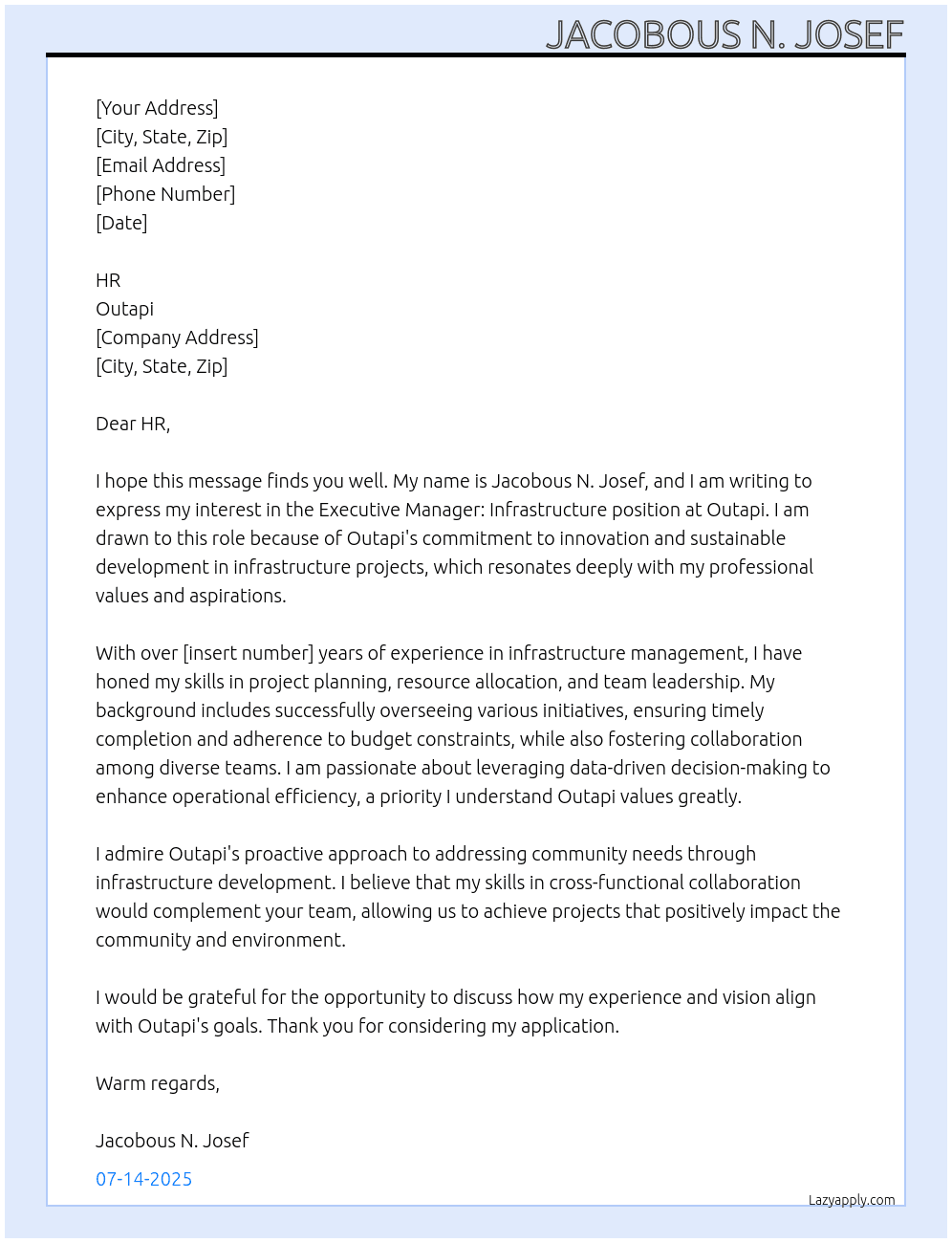 Executive Manager: infrastructure At Outapi Cover Letter