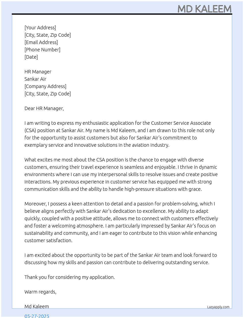CSA  At Sankar air  Cover Letter